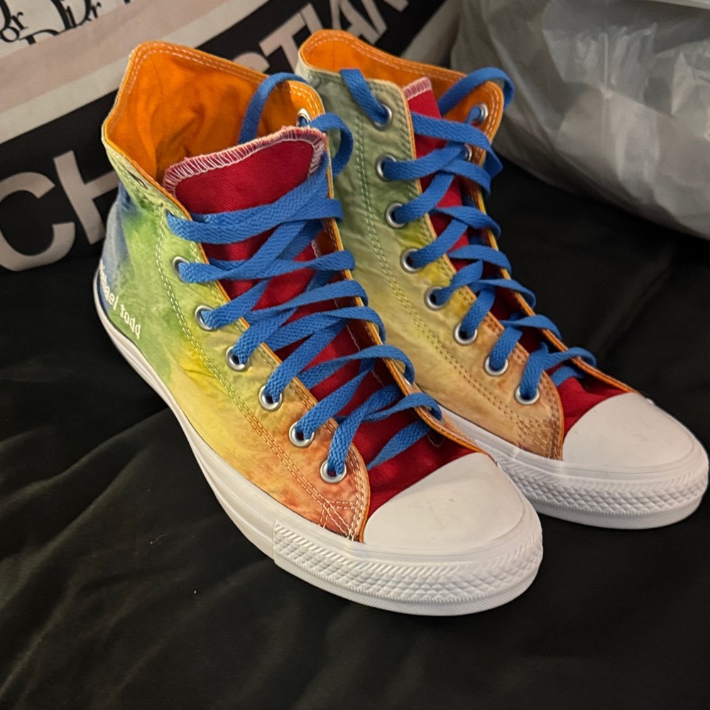 Converse Tie-Dye High-Top sneakers. Size men’s 9. “Michael Todd”pride colors new